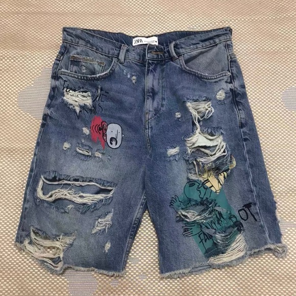 Zara Blue Distressed Graphic Denim Shorts - Picture 1 of 4